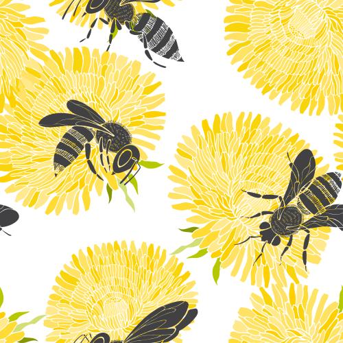 Dandelion. Vector bees and yellow dandelions on white
