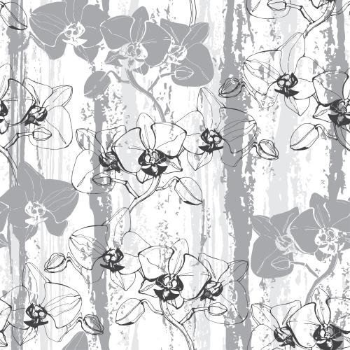 Floral. Vector monochrome orchids contours and silhouettes on textured