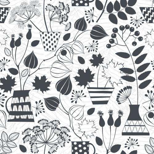 Dill. Vector decorative autumn bouquets in vases and jugs on lacy fern leaves