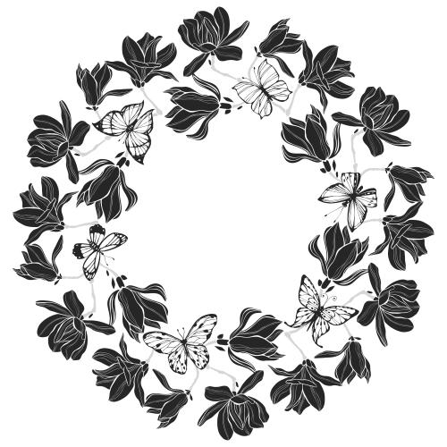 Magnolia. Vector magnolias and butterflies round frame on white