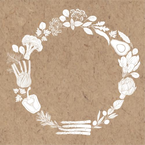 Basil. Vector round frame of vegetables and culinary herbs on craft