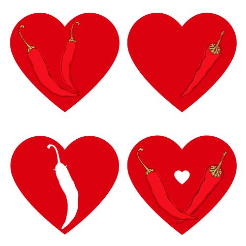 Romance. Vector heart with chili pepper, four variants on white