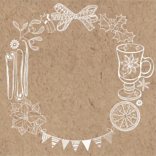 Vanilla stick. Vector frame of christmas plants spices mulled wine bow garland on craft