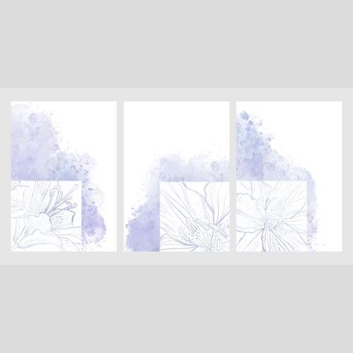 Lily. Vector three postcards fragments of lilies in squares on a purple watercolor
