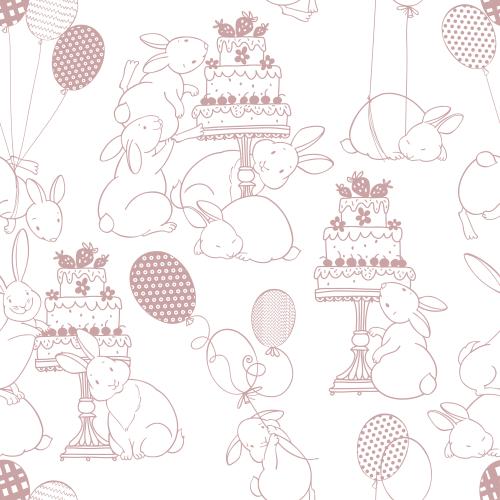 Dessert. Vector cute bunnies with balloons, cakes on white