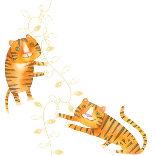 Tiger. Vector cartoon watercolor tigers with a garland, space for text on white