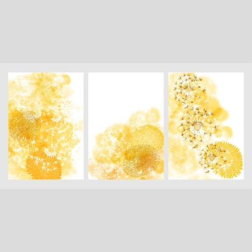 Dandelion. Vector three postcards with dandelions on a yellow watercolor