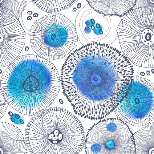 Illustration abstract marine inhabitants and round watercolor fragments on white