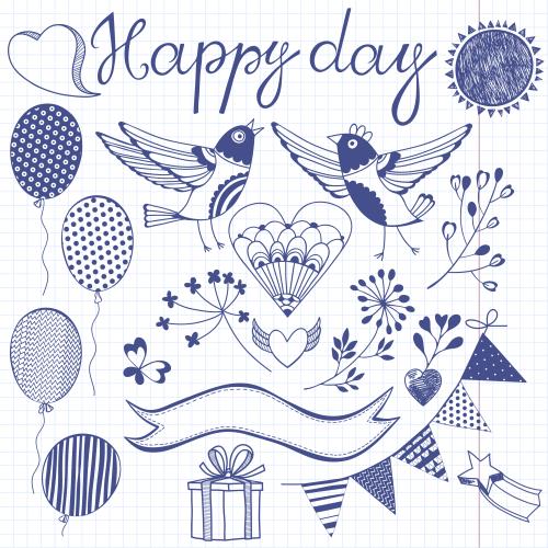 Symbol. Vector cartoon birds holiday symbols happy day text on grid paper