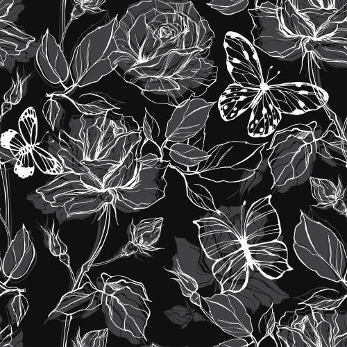 Rose. Vector roses and butterflies on black