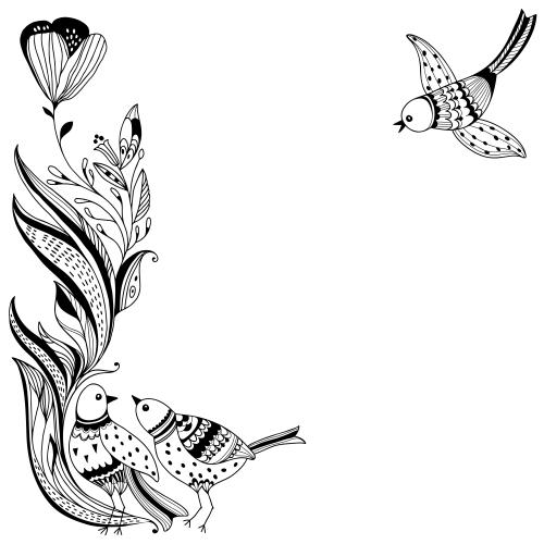 Illustration fantasy flower, stylized birds, space for text on white