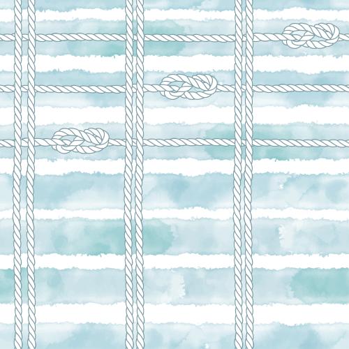 Vector image ropes with nautical knots on white in blue watercolor stripe