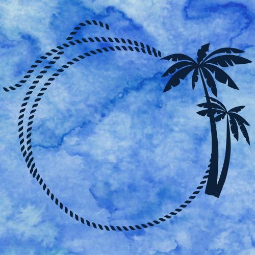 Rope. Vector round frame made of sea rope, palm trees on blue watercolor
