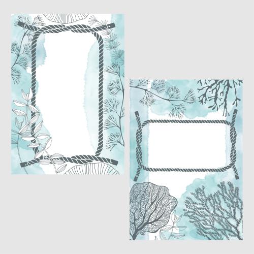 Illustration two marine-themed postcards with watercolor fragments nautical knots corals seaweed and space for text