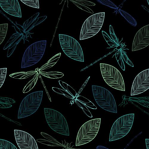 Dragonfly. Vector multicolored dragonflies and leaves on black