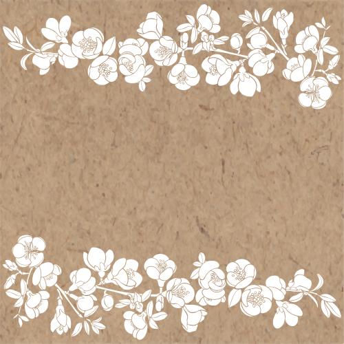 Japanese quince. Vector japanese loquat, branches with flowers, white silhouettes and space for text on kraft