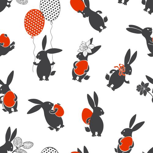 Balloon. Vector cute rabbits with red easter eggs, daffodils, willow, balloons on white
