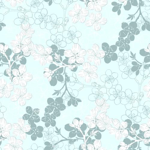 Sakura. Vector blossoming sakura branches, contours and silhouettes on soft-blue