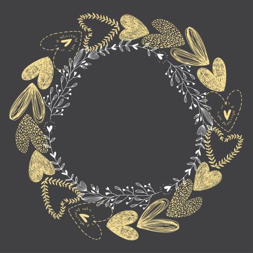 Vector image round doodle frame with flowers and hearts on black