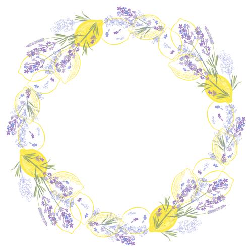 Lemon. Vector round frame with lemons and lavender on white