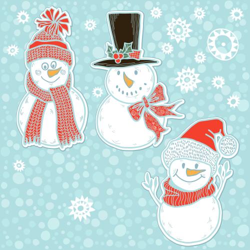 Snowman. Vector three cartoonish snowmen snowflakes on blue in checkered pattern isolated elements