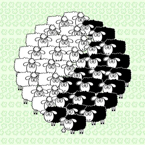 Symbol. Vector herd of cartoon black and white sheep in the shape of a yin-yang symbol on green floral