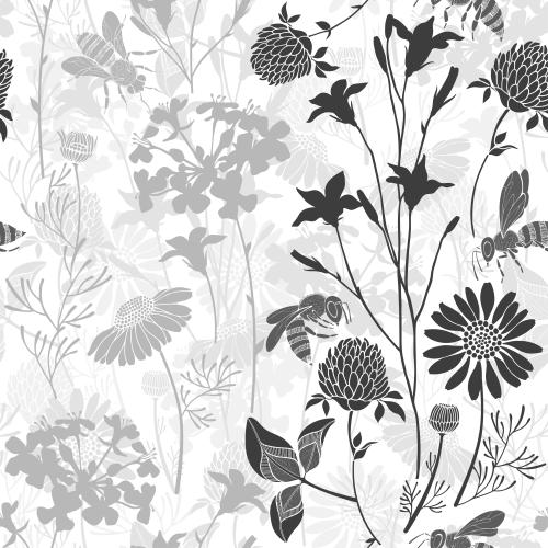 Chamomile. Vector meadow flowers and bees monochrome silhouettes on white