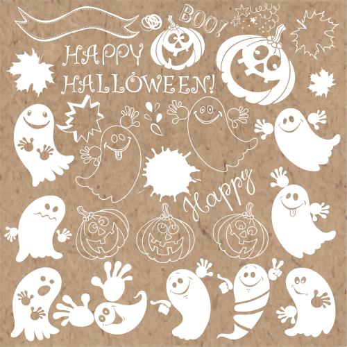 Blot. Vector cute ghosts happy pumpkins happy halloween text other halloween symbols on craft