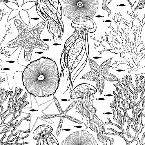 Jellyfish. Vector jellies, fish, sea stars, underwater creatures, corals on white