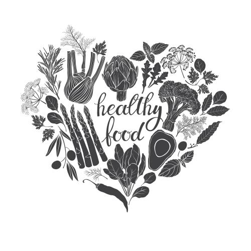 Basil. Vector vegetables culinary herbs text healthy food composition in the shape of a heart black silhouettes on white