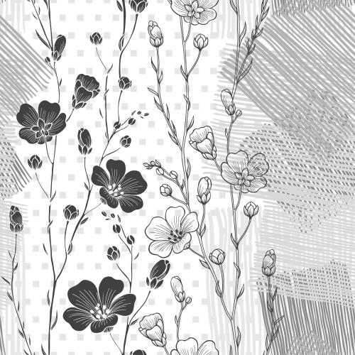 Floral. Vector blooming flax twigs, contours and silhouettes, decorative striped elements on white in square