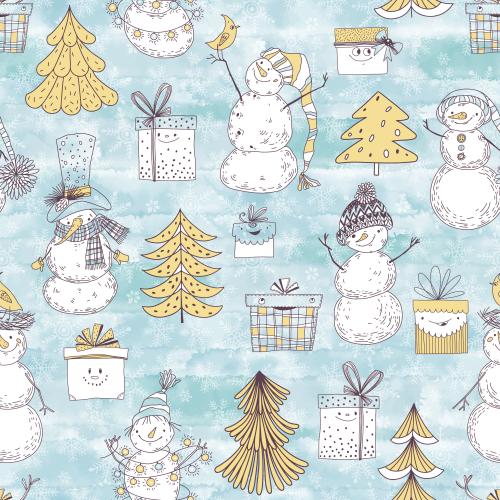 Vector image cartoon snowmen tree ornaments gifts and snowflakes on blue watercolor