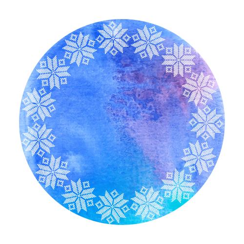 Snowflake. Vector round frame with star-snowflake dots on blue watercolor
