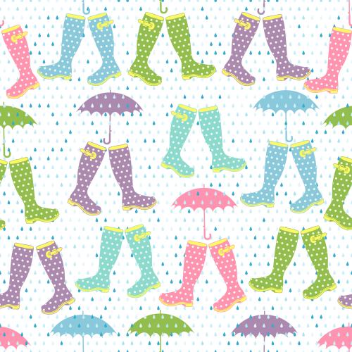 Drop. Vector rain multicolored rubber boots and umbrellas