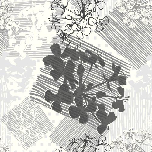 Square. Vector silhouettes and contours of abstract flowers, striped squares on white