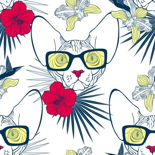 Sphinx cat. Vector sphinx cats with sunglasses surrounded by palm leaves orchid and hibiscus flowers with hummingbird on white