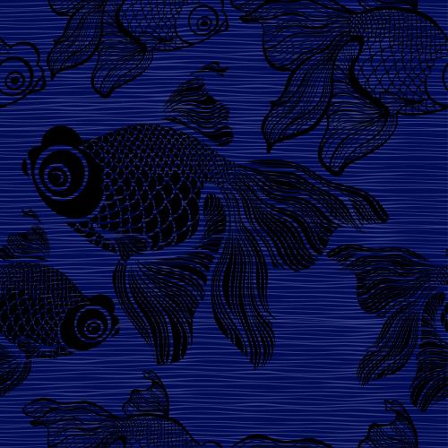Vector image black silhouettes and fish contours on blue horizontal stripes