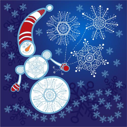 Snowman. Vector snowman and snowflakes on blue
