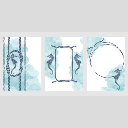 Card. Vector three nautical theme postcards with seahorses, ropes, nautical knots, blue watercolor fragments, and space for text