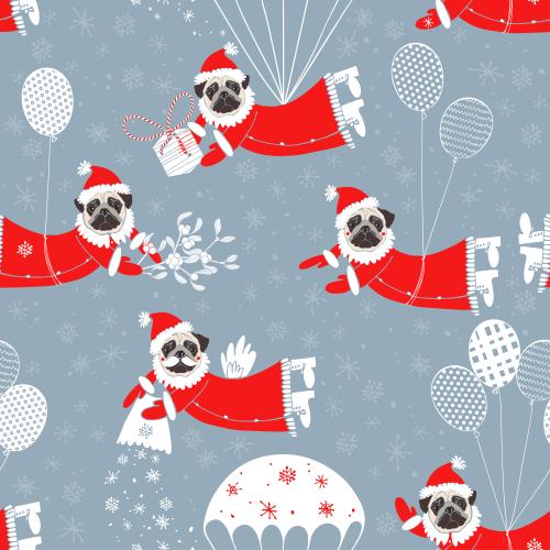 Vector image flying cartoonish mops in santa claus costumes on gray-blue