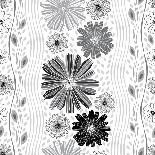 Chicory. Vector various monochrome flowers leaves wavy vertical stripes on white