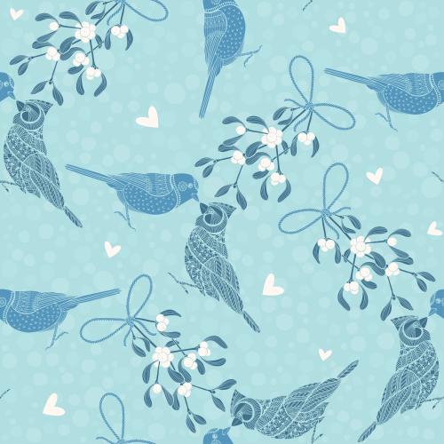 Female. Vector stylized birds under a festive mistletoe branch on blue checkered