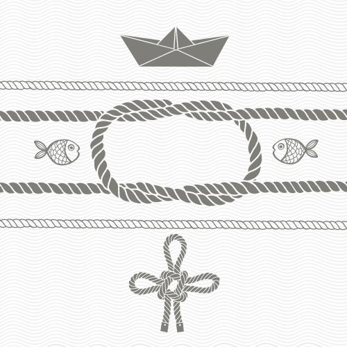 Paper boat. Vector sea knots and ropes, fish, paper ship, waves on white