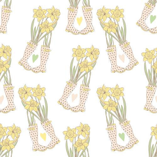 Daffodil. Vector rubber boots with daffodils hearts on white