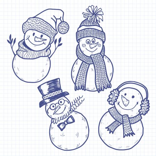 Notebook. Vector four cute cartoon snowmen on a notebook sheet in grid