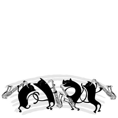 Cat. Vector animated black cats with saxophones, space for text on white