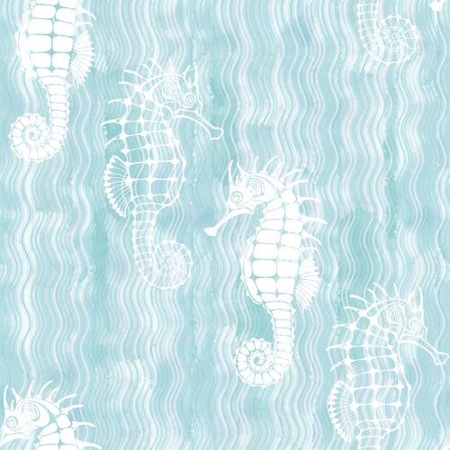 Vector image sea horses white outlines and silhouettes waves on watercolor