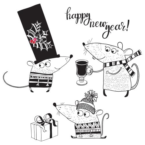 Mulled wine. Vector three cartoon mice happy new year sign on white