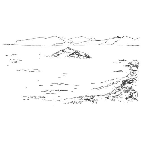 Crimea. Vector mountains and sea in ordzhonikidze, crimea, sketch on white