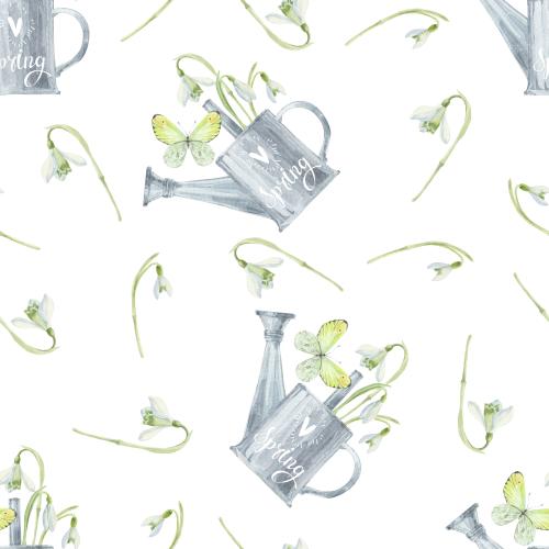 Watering can. Vector watercolor snowdrops watering can with a bouquet and butterflies on white